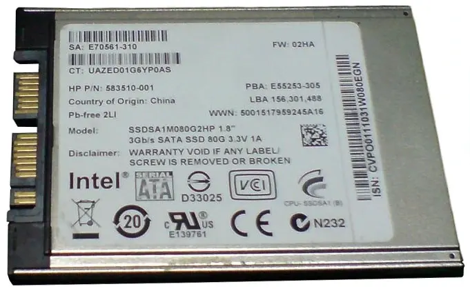 583510-001 HP 80GB Multi-Level Cell SATA 3GB/s 1.8-inch...