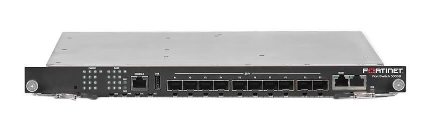 FortiSwitch-5003B blade with 8 SFP+ Fabric ports, 2 SFP+ Base ports and one 10/100/1000 management port, includes 2 SR SFP+ transceivers