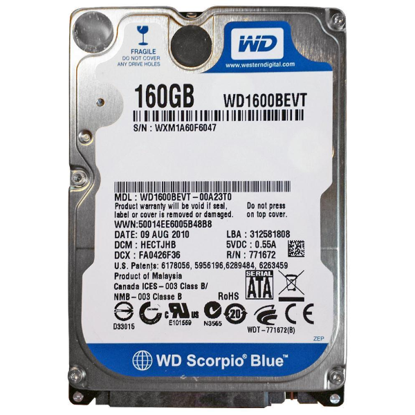 WD1600BEVT Western Digital Scorpio Blue 160GB 5400RPM SATA 3GB/s 7-Pin 2.5-inch 8MB Cache Hard Drive
