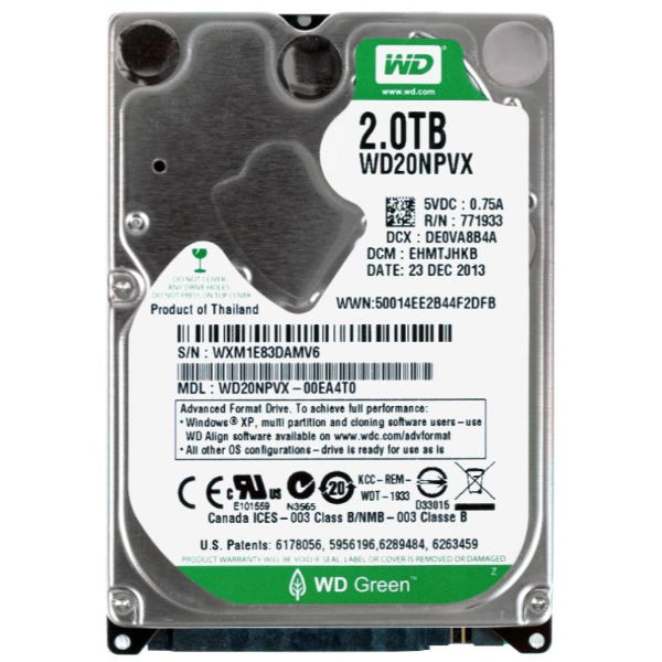 WD20NPVX Western Digital Green 2TB 5400RPM SATA 6GB/s 8MB Cache 2.5-inch Hard Drive