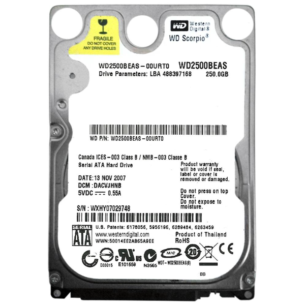 WD2500BEAS Western Digital Scorpio Blue 250GB 5400RPM SATA 2MB Cache 2.5-inch Hard Drive