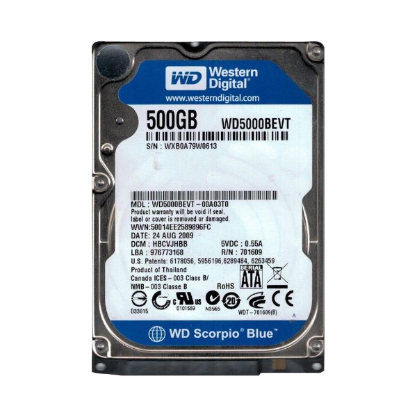 WD5000BEVT-00A03T0 Western Digital Scorpio Blue 500GB 5400RPM SATA 3.0GB/s 8MB Cache 2.5-inch Hard Drive