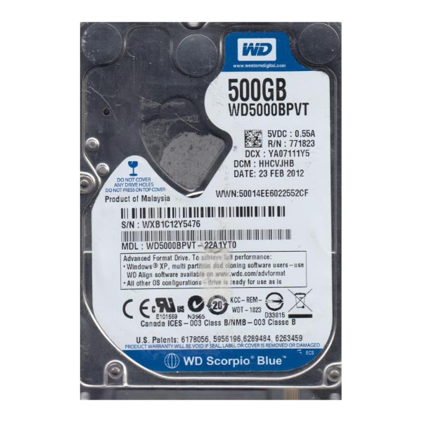 WD5000BPVT-22A1YT0 Western Digital Scorpio Blue 500GB 5400RPM SATA 3.0GB/s 8MB Cache 2.5-inch Hard Drive