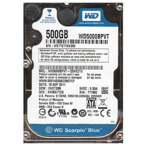 WD5000BPVT-22HXZT3 Western Digital Scorpio Blue 500GB 5...