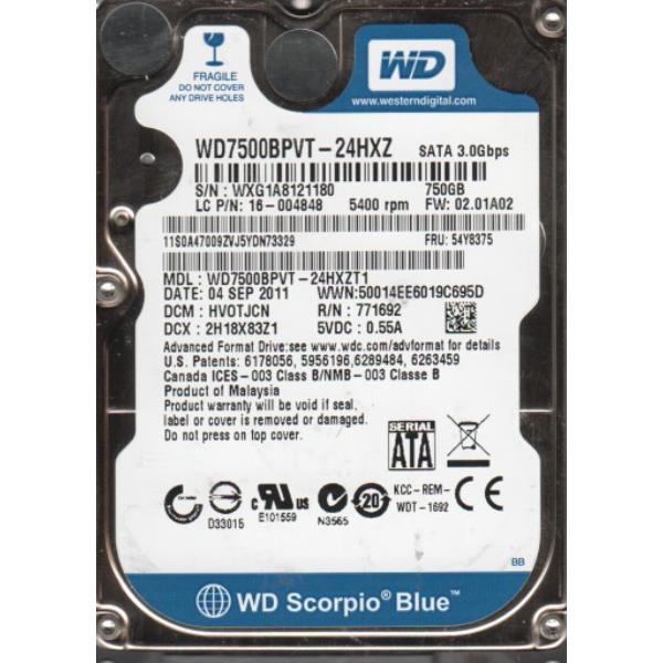 WD7500BPVT-24HXZT1 Western Digital 750GB 5400RPM SATA 3...