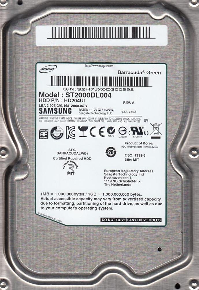 HD204UI-NDW-R Samsung SpinPoint F4EG 2TB 5400RPM SATA 3GB/s 32MB Cache 3.5-inch Hard Drive