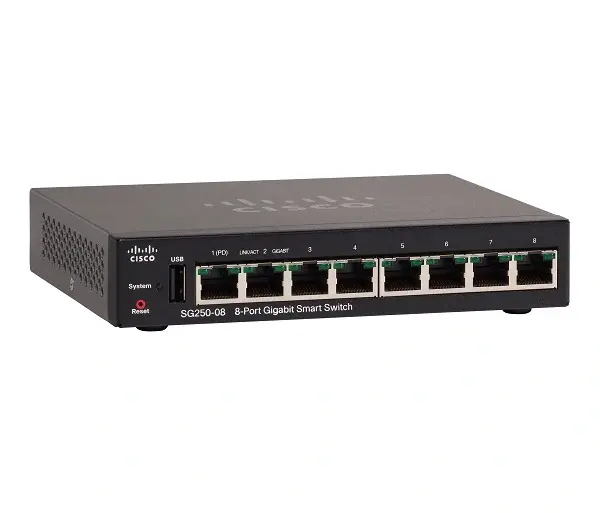 SG250-08-K9 Cisco SG250 8-Port x 1 x 1000Base-T RJ-45 PoE / Uplink Gigabit Ethernet Smart Switch