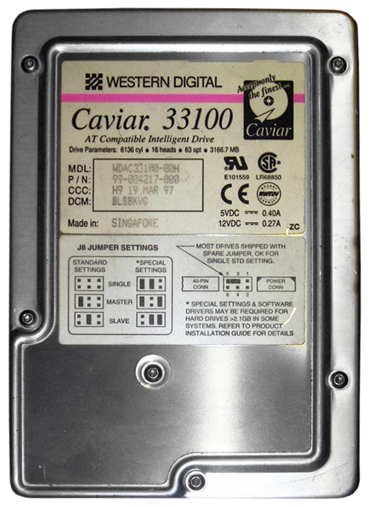 WDAC33100-00H Western Digital Caviar 3.1GB 5200RPM ATA/IDE 128KB Cache 3.5-inch Hard Drive